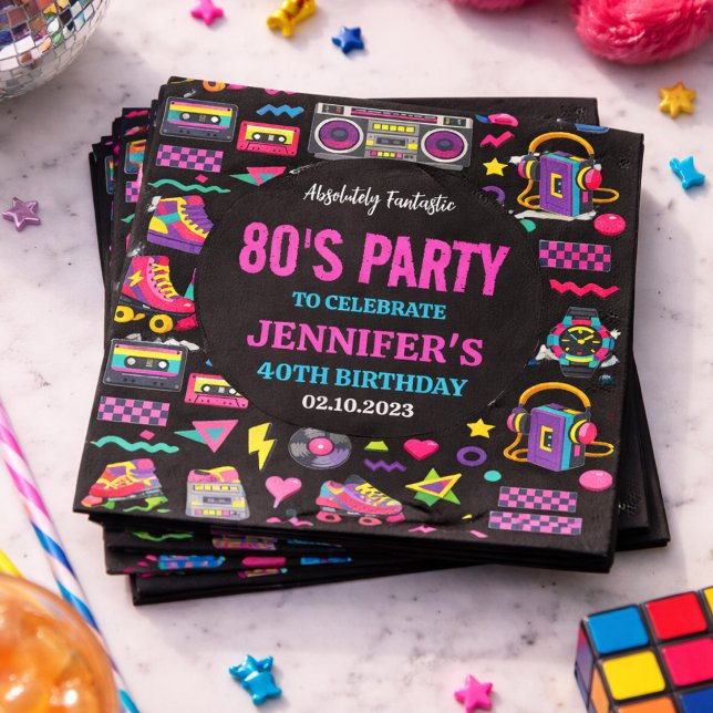 Servilleta De Papel Fiesta de Cumpleaños Moderna Retro Neon de los 80  (Modern Retro Neon 80’s Birthday Party for Adults paper napkins)