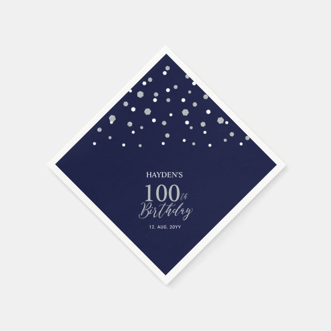 Servilleta De Papel Fiesta de cumpleaños número 100 con plata moderna  (Borde)