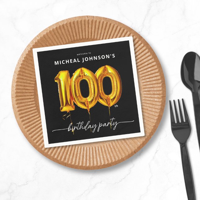 Servilleta De Papel Fiesta de cumpleaños número 100 de Gold Balloon Bl (Gold Balloon Black 100th Birthday Party Napkins)