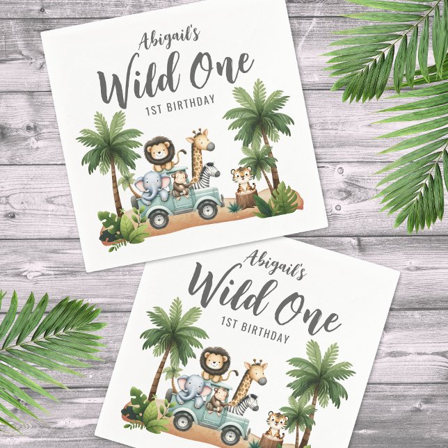 Servilleta De Papel Fiesta de Cumpleaños número 1 de Wild One Jungle S (Wild One Jungle Safari 1st Birthday Party Napkins )