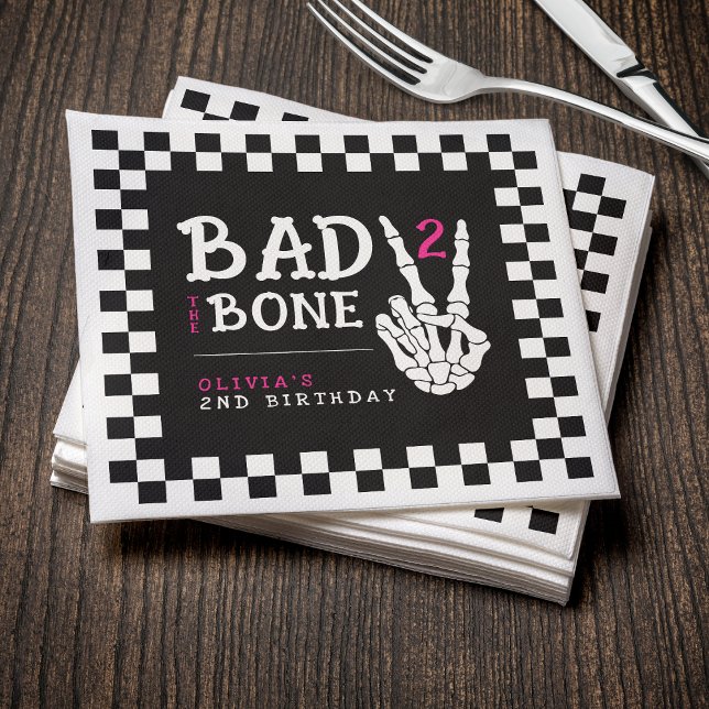 Servilleta De Papel Fiesta de cumpleaños número 2 Bad 2 the Bone Esque (Bad 2 the Bone Skeleton Pink 2nd Birthday Party Napkins
)