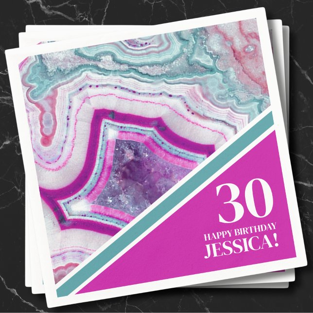 Servilleta De Papel Fiesta de cumpleaños número 30 (Bright Turquoise Pink Agate 30th Birthday Party Napkins)