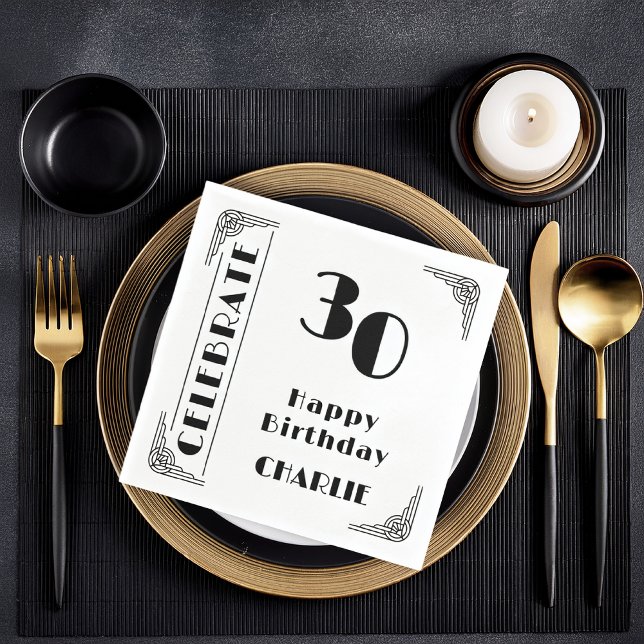 Servilleta De Papel Fiesta de Cumpleaños número 30 con Elegante Estilo (Elegant Art Deco 30th Birthday Party Black and White Paper Party Napkins)
