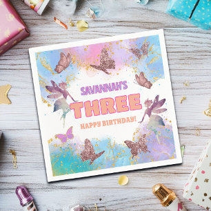 Servilleta De Papel Fiesta de cumpleaños número 3 Mariposas Hada Dorad
