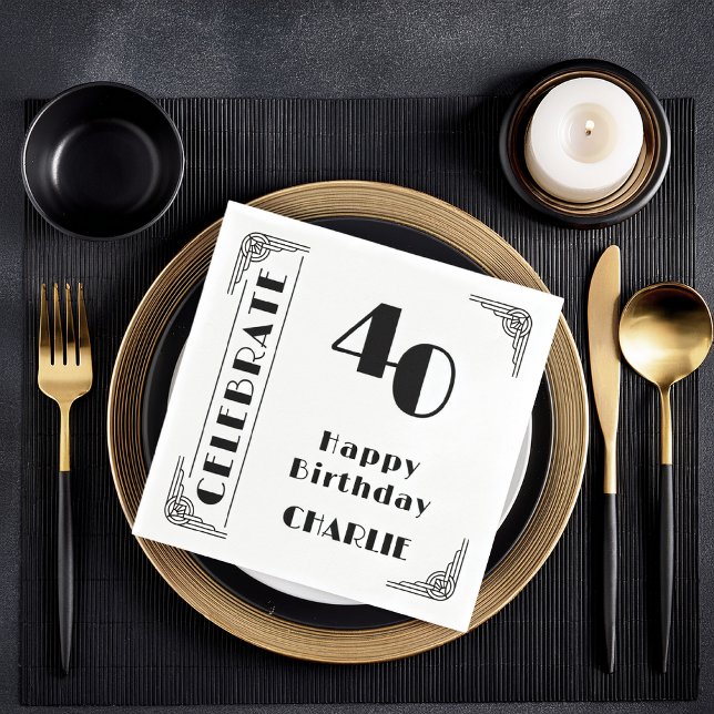Servilleta De Papel Fiesta de cumpleaños número 40 con elegante estilo (Elegant Art Deco 40th Birthday Party Black and White Paper Party Napkins)