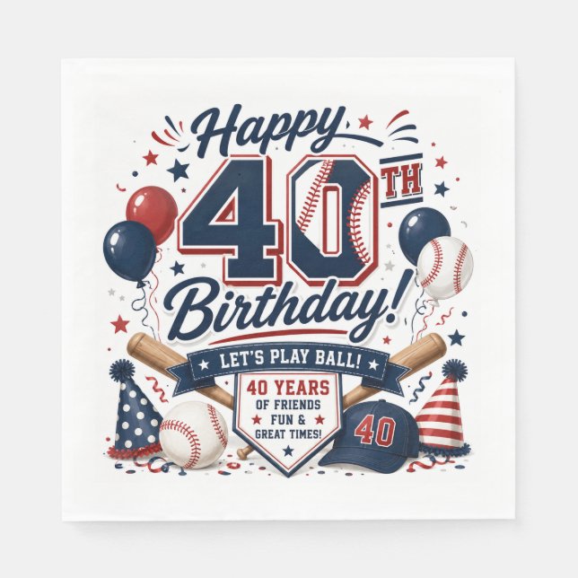 Servilleta De Papel Fiesta de cumpleaños número 40 de béisbol  (Anverso)