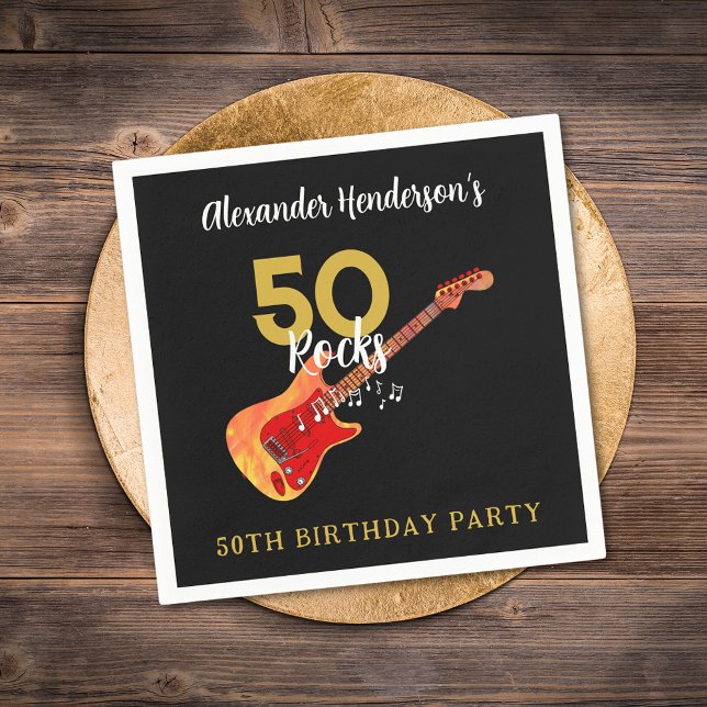 Servilleta De Papel Fiesta de cumpleaños número 50 del Rock and Roll (50 Rocks Cool Guitar black and gold 50th birthday party personalized napkin)