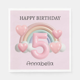 Servilleta De Papel Fiesta de cumpleaños número 5 de arcoíris y corazo