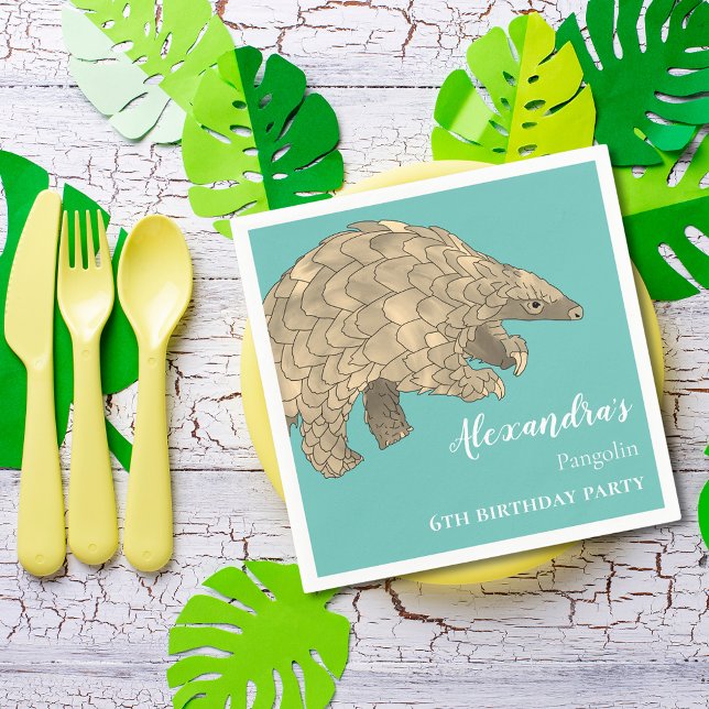 Servilleta De Papel Fiesta de cumpleaños número 6 del pangolín (Cute pangolin illustration 6th birthday party personalized napkins watercolor wild animal art)