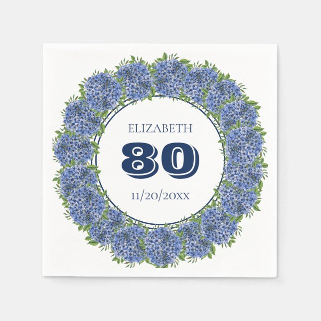 Servilleta De Papel Fiesta de cumpleaños número 80 con Hortensias Azul (Anverso)