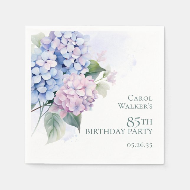 Servilleta De Papel Fiesta de cumpleaños número 85 con Hortensias Azul (Anverso)
