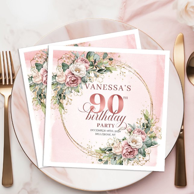 Servilleta De Papel Fiesta de cumpleaños número 90 Chic Dusty Pink Ros (Dusty Pink Rose Gold Boho 90th Birthday Party Napkins)