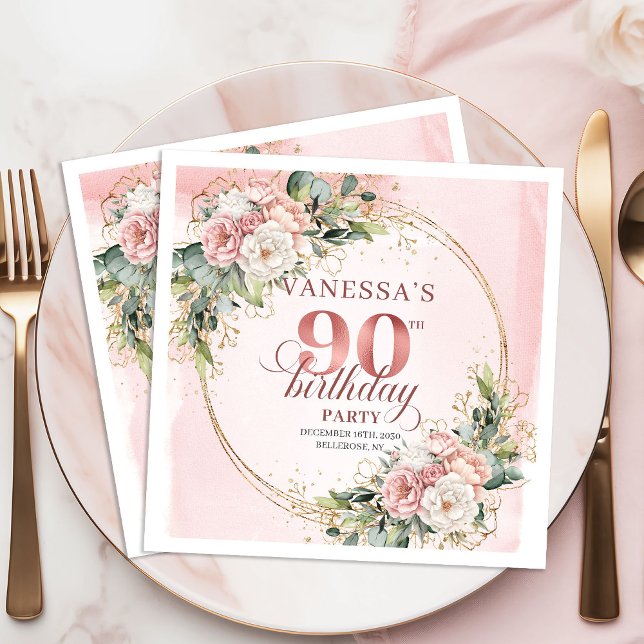 Servilleta De Papel Fiesta de cumpleaños número 90 con Rosa Polvo Dora (Dusty Pink Rose Gold Floral 90th Birthday Party Napkins)