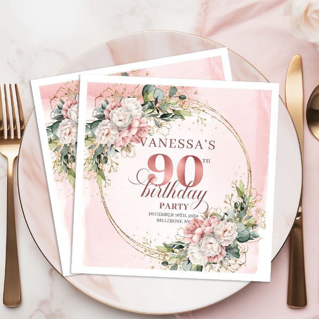 Servilleta De Papel Fiesta de cumpleaños número 90 de estilo bohemio e (Light Pink Bohemian Floral 90th Birthday Party Napkins)