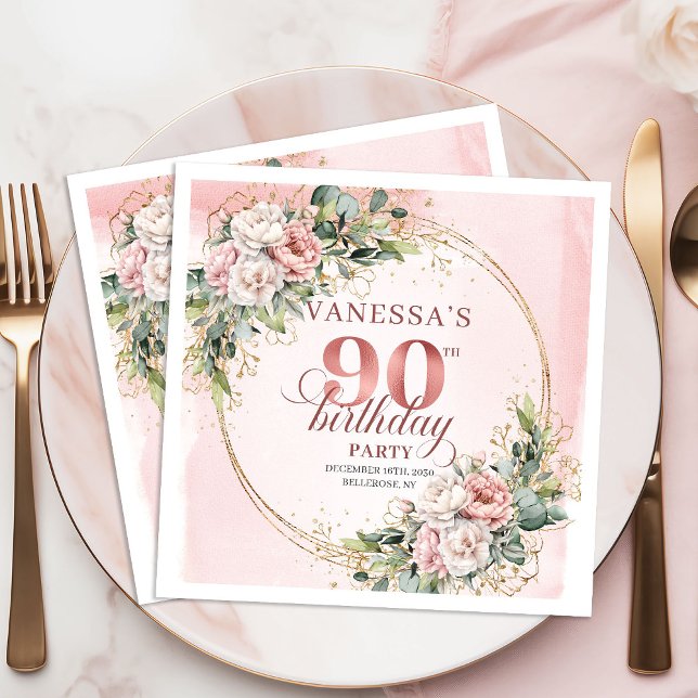 Servilleta De Papel Fiesta de cumpleaños número 90 de Rosa Dorado Euca (Rose Gold Eucalyptus Floral 90th Birthday Party Napkins)