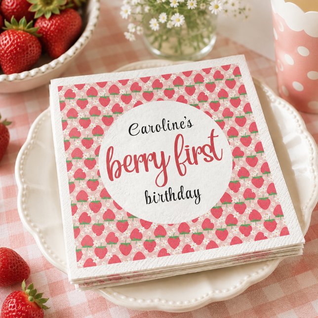 Servilleta De Papel Fiesta de cumpleaños número uno Berry Sweet Strawb (Berry Sweet Strawberry 1st Birthday Party Napkins)