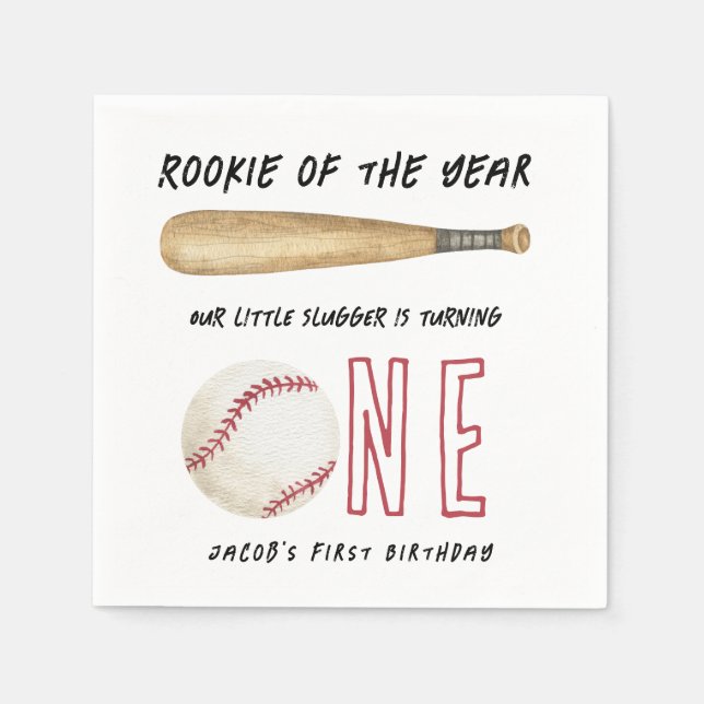 Servilleta De Papel Fiesta de cumpleaños número uno de béisbol Novato  (Anverso)