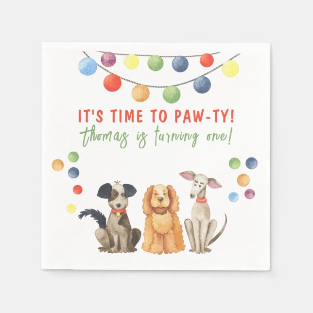 Servilleta De Papel Fiesta de cumpleaños número uno de perro acuarela (Anverso)