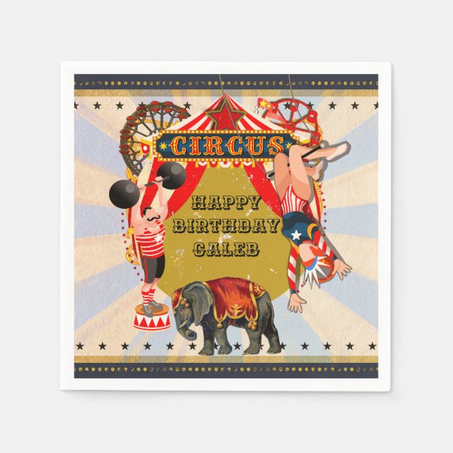 Servilleta De Papel Fiesta de Cumpleaños Personalizada Circo Retro Vin (Anverso)