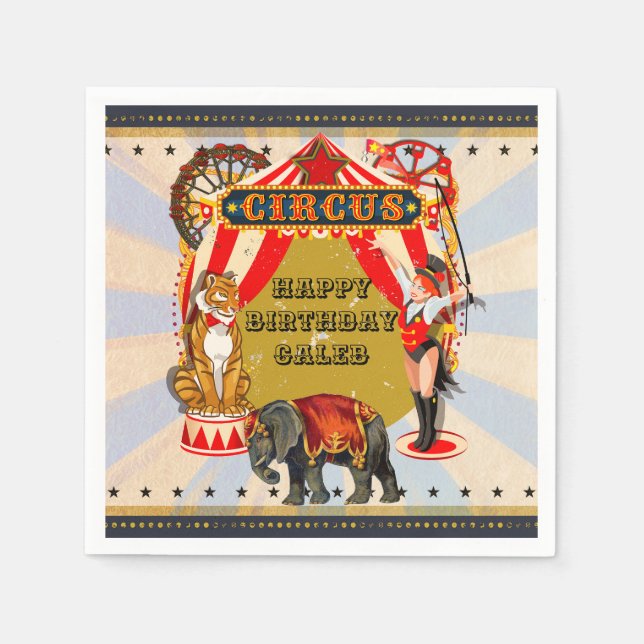 Servilleta De Papel Fiesta de Cumpleaños Personalizada de Circo Retro  (Anverso)
