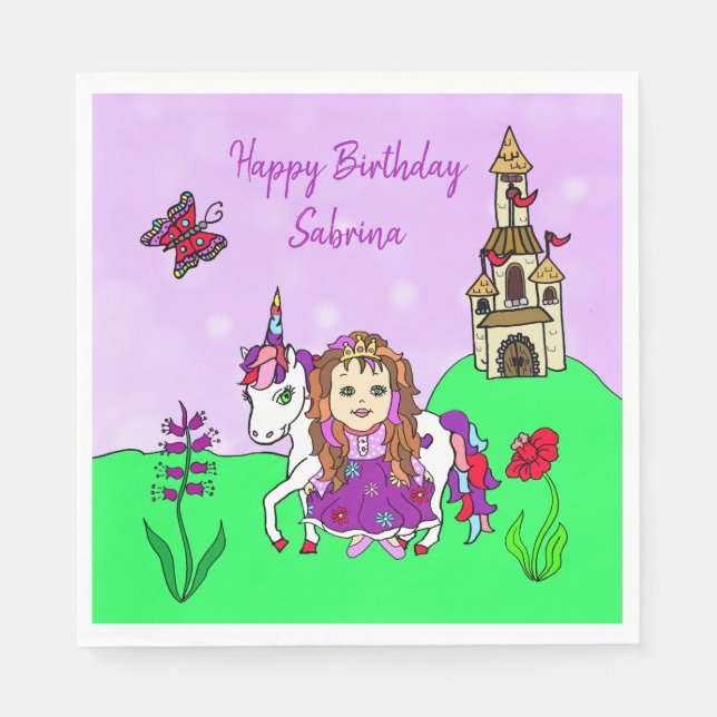 Servilleta De Papel Fiesta de Cumpleaños Personalizada de Unicornio y  (Anverso)