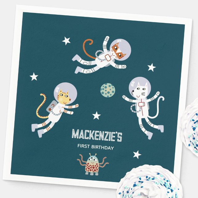 Servilleta De Papel Fiesta de Cumpleaños Personalizada Espacio Diverti (Fun personalized kids name space cat themed first birthday party paper napkins)
