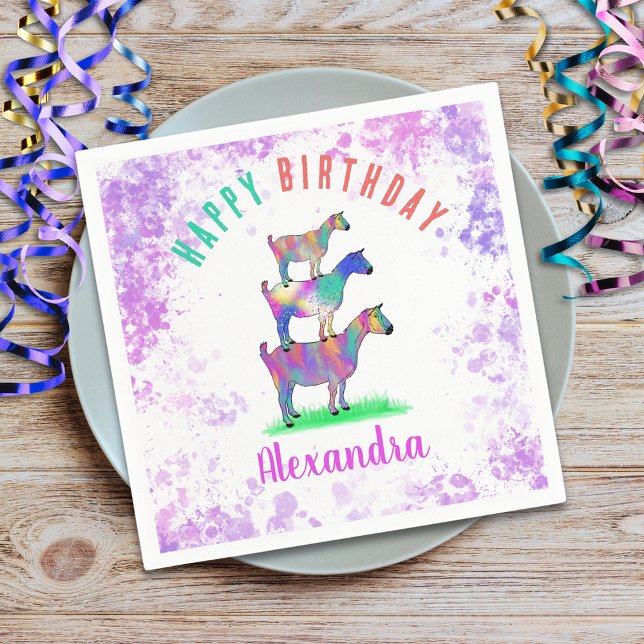 Servilleta De Papel Fiesta de cumpleaños personalizada para niños con  (Cute goats colorful farm animal art personalized happy birthday party paper plates)