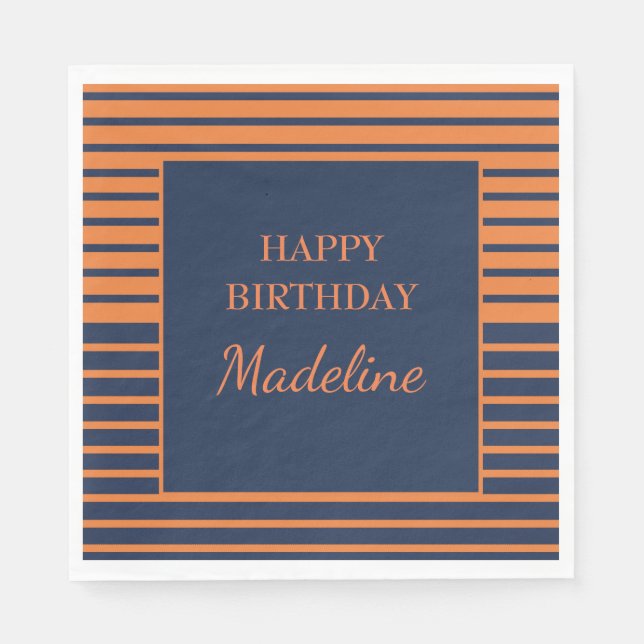 Servilleta De Papel Fiesta de Cumpleaños Personalizada Rayada Azul Mar (Anverso)