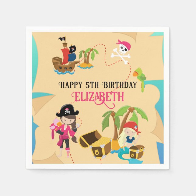 Servilleta De Papel Fiesta de cumpleaños pirata personalizada rosa par (Anverso)