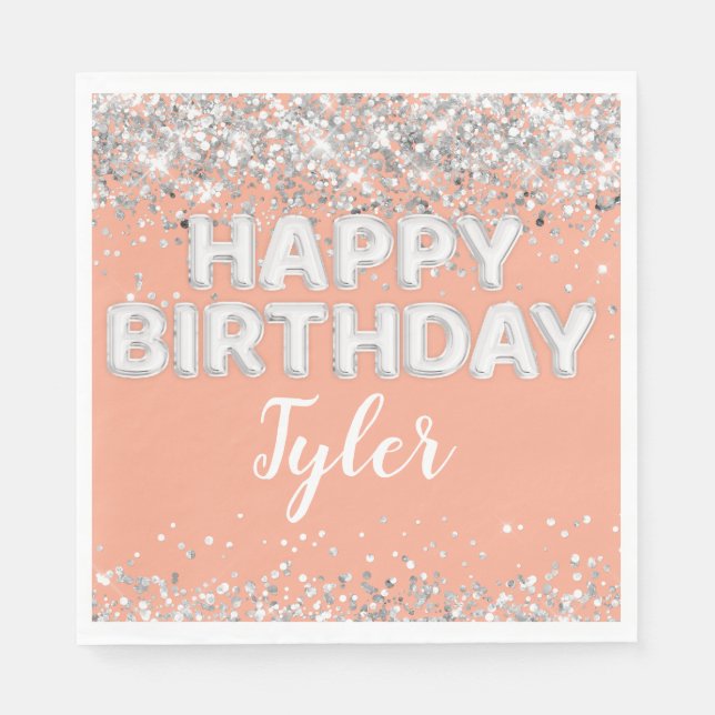 Servilleta De Papel Fiesta de cumpleaños Plata Peach (Anverso)