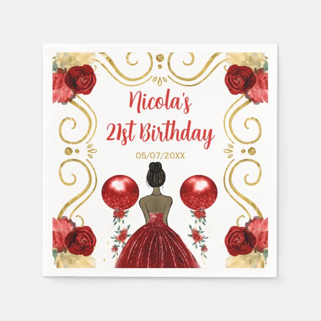 Servilleta De Papel Fiesta de cumpleaños Princesa de piel oscura en ro (Anverso)