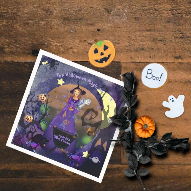 Servilleta De Papel Fiesta de cumpleaños púrpura de la bruja de Hallow (Halloween Witch Purple Birthday Party Napkins)