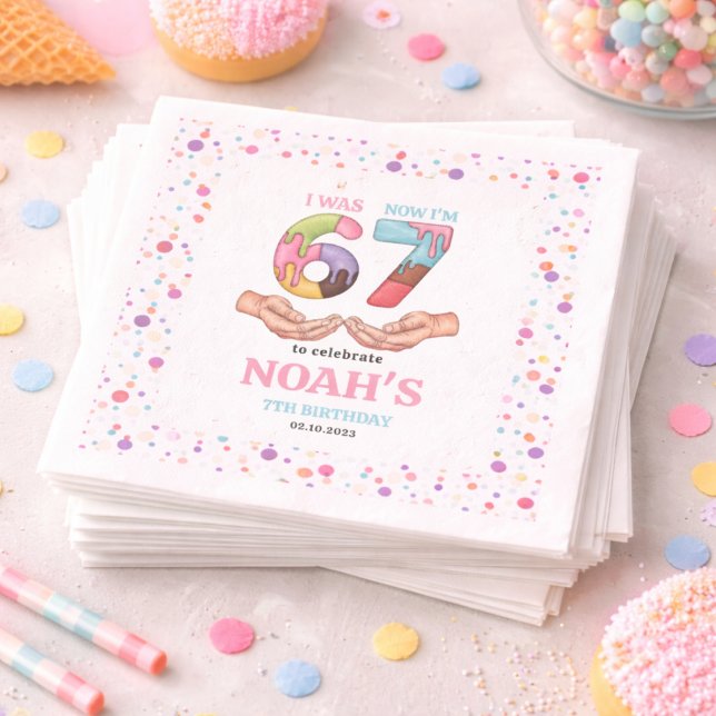 Servilleta De Papel Fiesta de Cumpleaños "Seis Siete" de Helados para  (Ice Cream “Six Seven” 7th Birthday Party for Kids Napkins)