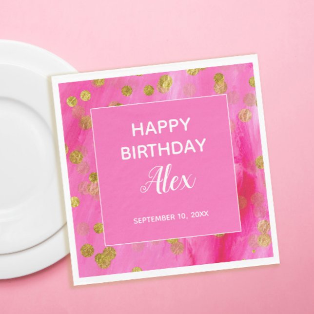 Servilleta De Papel Fiesta de Cumpleaños Sorpresa Rosa Caliente con Br (Hot pink and gold glitter birthday party paper napkins)