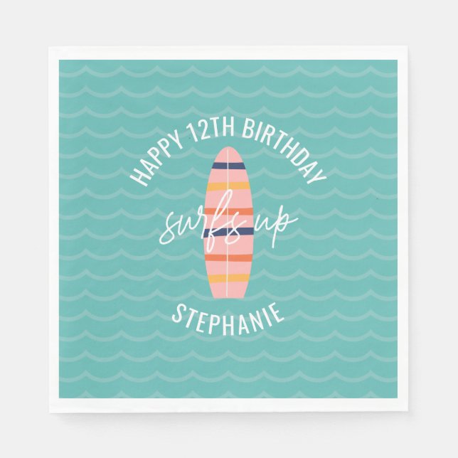 Servilleta De Papel Fiesta de Cumpleaños Surfboard Rosa Surfs Up (Anverso)