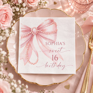 Servilleta De Papel Fiesta de Cumpleaños Sweet 16 con Lazo Rosa Perla