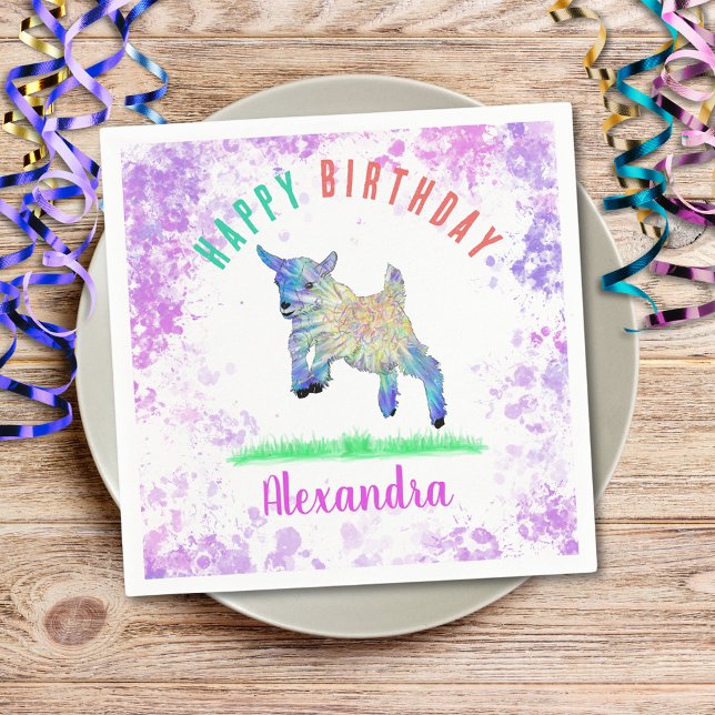 Servilleta De Papel Fiesta de cumpleaños temática de cabra Animal de g (Cute goat themed birthday party custom napkin colorful farm animal watercolor art)