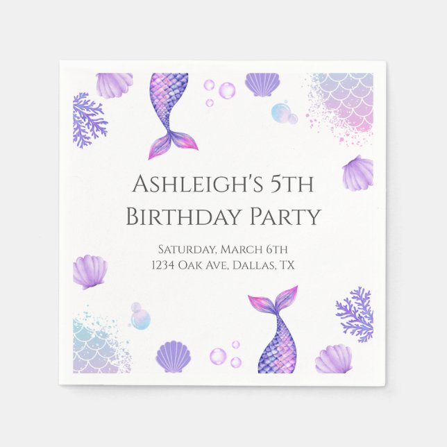 Servilleta De Papel Fiesta de cumpleaños temática de Sirena Púrpura (Anverso)