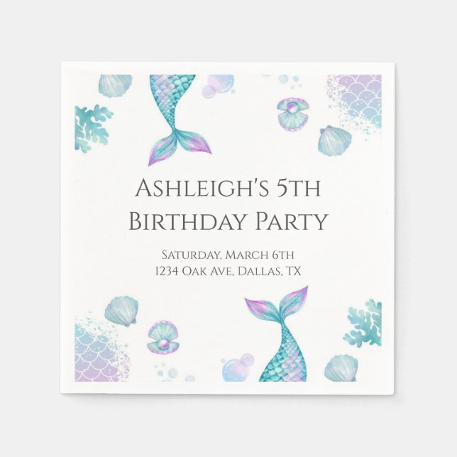 Servilleta De Papel Fiesta de cumpleaños temática de sirena turquesa (Anverso)