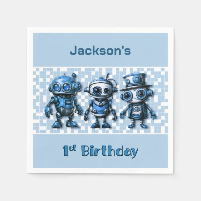 Servilleta De Papel Fiesta de cumpleaños temática Steampunk Robot 1er  (Anverso)