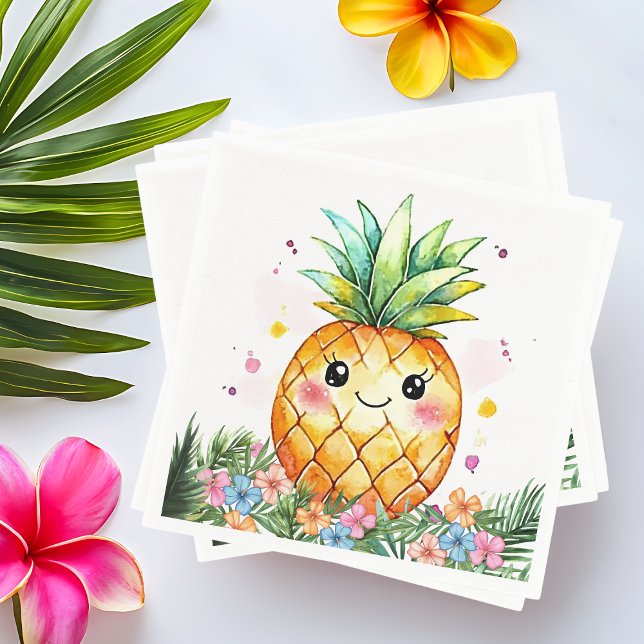 Servilleta De Papel Fiesta de Cumpleaños Tropical Floral de Piña Aloha (Tropical Pineapple Floral Aloha Birthday Party Napkins)