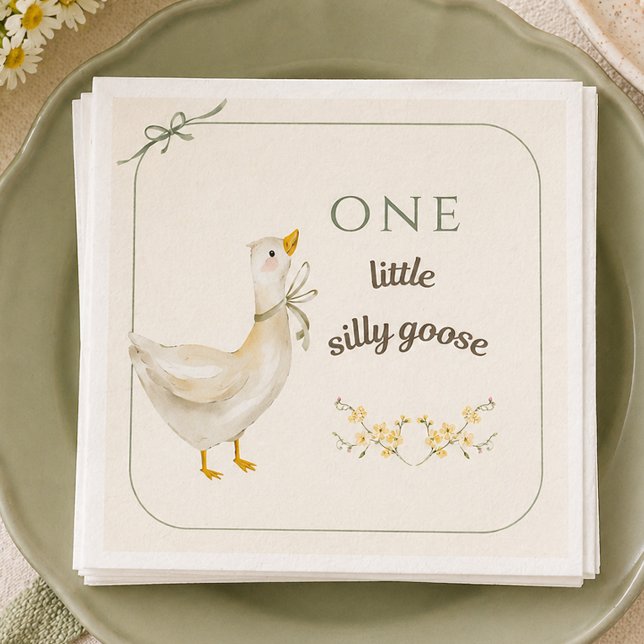 Servilleta De Papel Fiesta de Cumpleaños Verde Menta de Pequeña Gansa  (Little Silly Goose Sage Green Birthday Party Napkins)