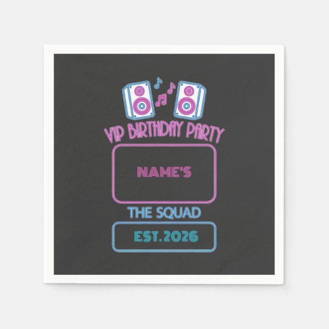 Servilleta De Papel Fiesta de Cumpleaños VIP Neon Squad Invitado Perso (Anverso)
