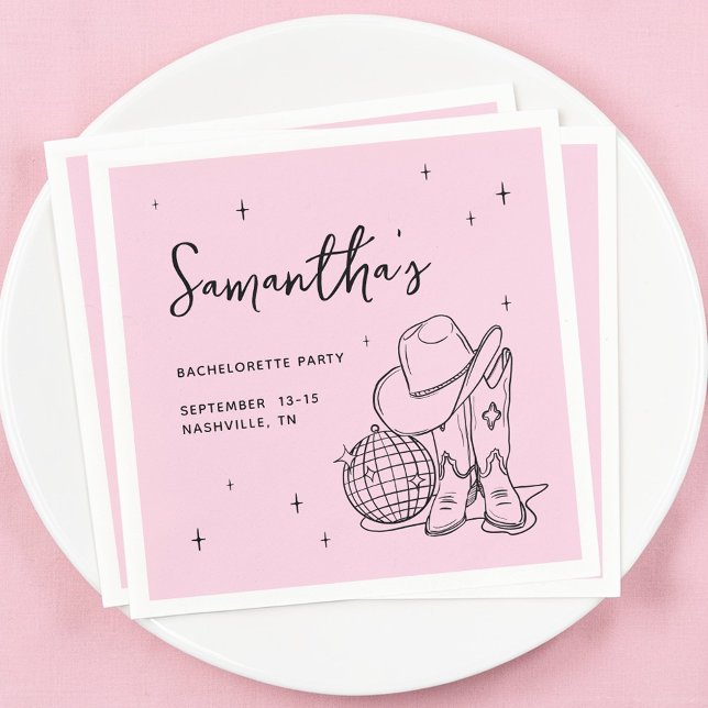 Servilleta De Papel Fiesta de Despedida de Soltera Bola de Discoteca V (Western Pink Cowgirl Disco Ball Bachelorette Party Napkins)