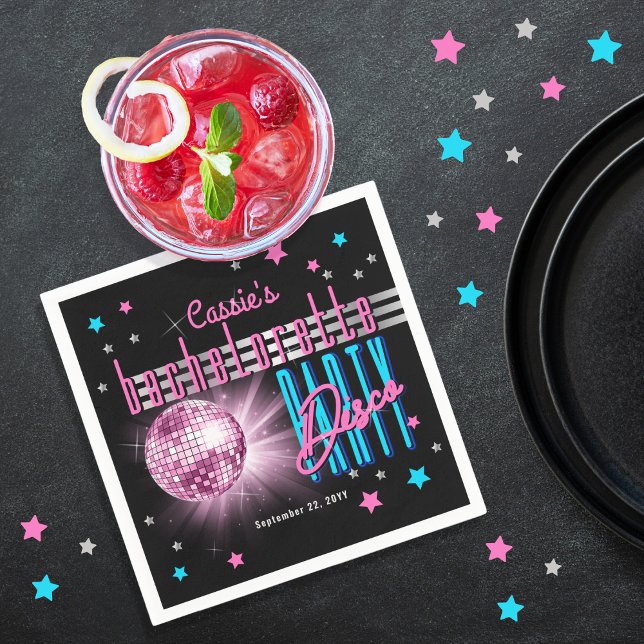 Servilleta De Papel Fiesta de Despedida de Soltera con Estilo Retro 70 (Retro 70's Neon Look Disco Ball Bachelorette Party Cocktail Napkins)