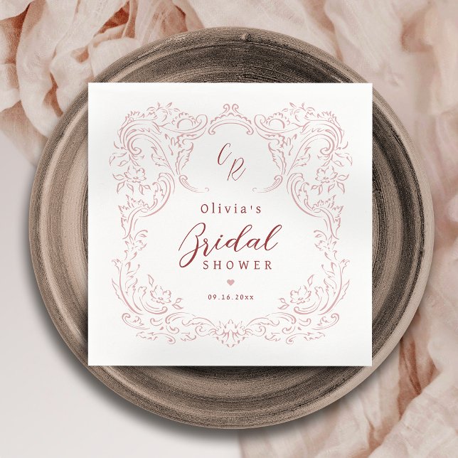 Servilleta De Papel Fiesta de Despedida de Soltera con Monograma de Fl (Pink Vintage Flourish Monogram bridal shower party Napkins)