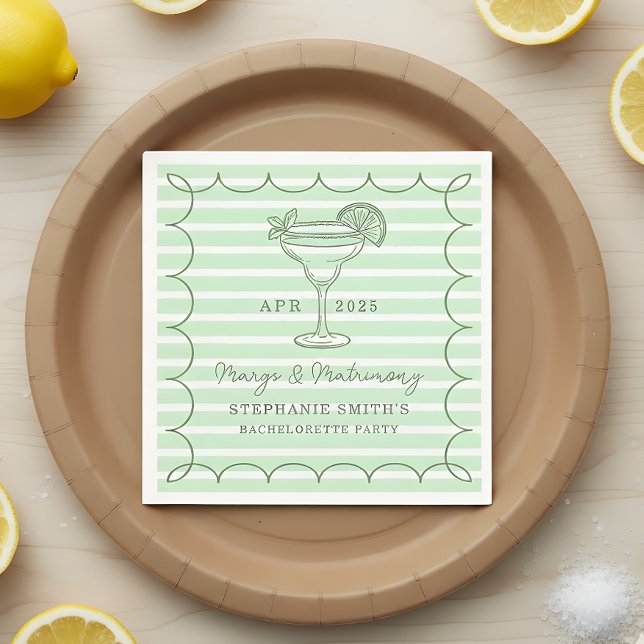 Servilleta De Papel Fiesta de Despedida de Soltera 'Margs y Matrimonio (Set the tone for a lively pre-wedding celebration with this mint green “Margs & Matrimony” design.)