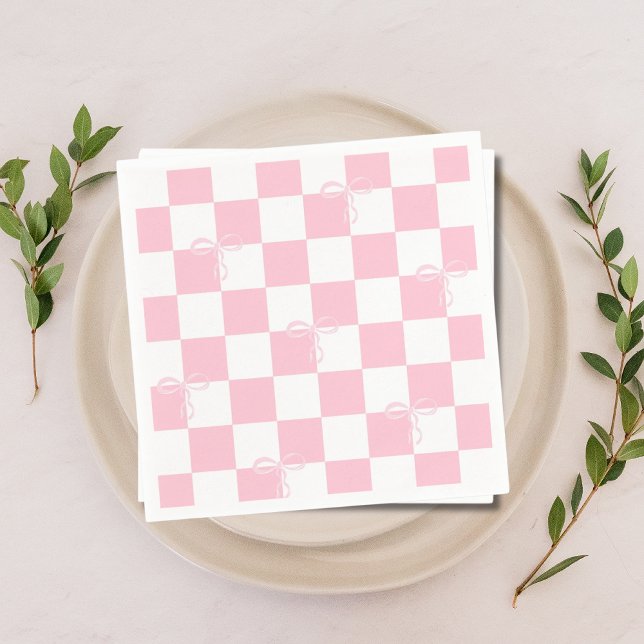 Servilleta De Papel Fiesta de Despedida de Soltera Rosa de Cuadros con (Pink Bow Checkered Girly Bachelorette Party Napkins)