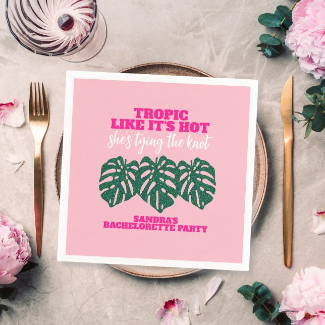 Servilleta De Papel Fiesta de Despedida de Soltera Tropical Rosa Brill (Tropical Pink Glitter Monstera Bachelorette Party Napkins)
