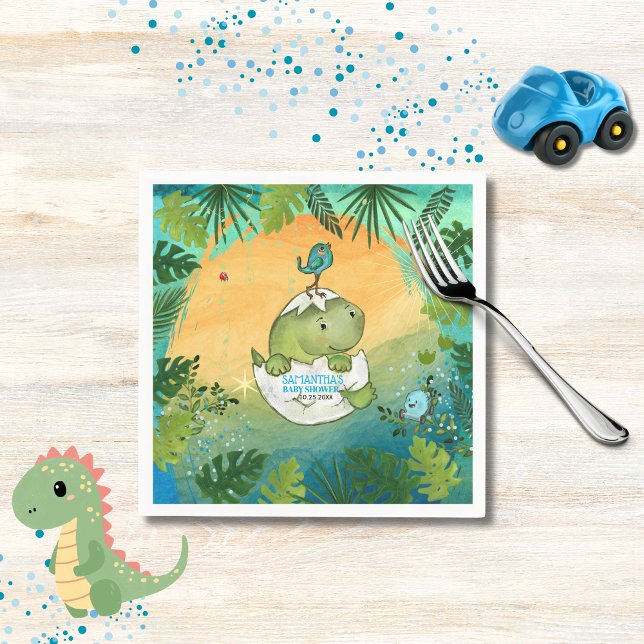Servilleta De Papel Fiesta de dinosaurio verde acuarela  (Watercolor Aqua Green Dinosaur Party Plates Napkins )